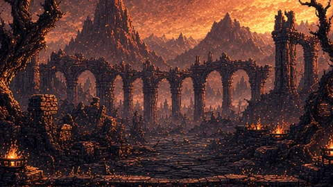 A burning fortress road beneath the Ashen Vale