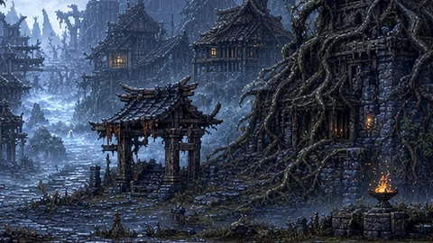 An ancient green-lit forest road corrupted by thorn magic