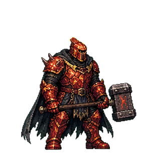 Ember Warden in red forge armor holding a heavy square hammer