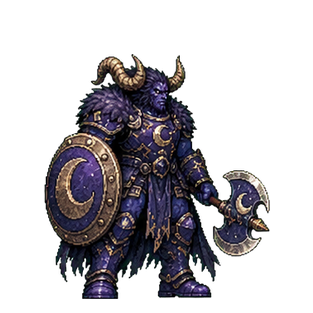 Moonhorn Sentinel in lunar armor with a large axe and shield